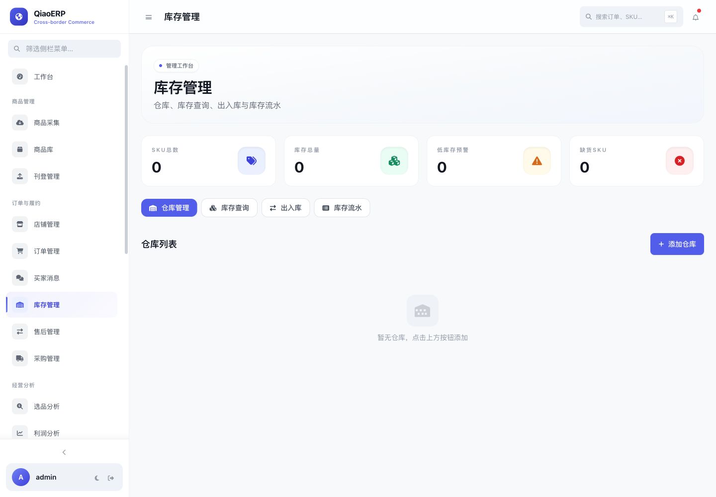 QiaoERP 库存管理页面中的 SKU 查询和出入库操作