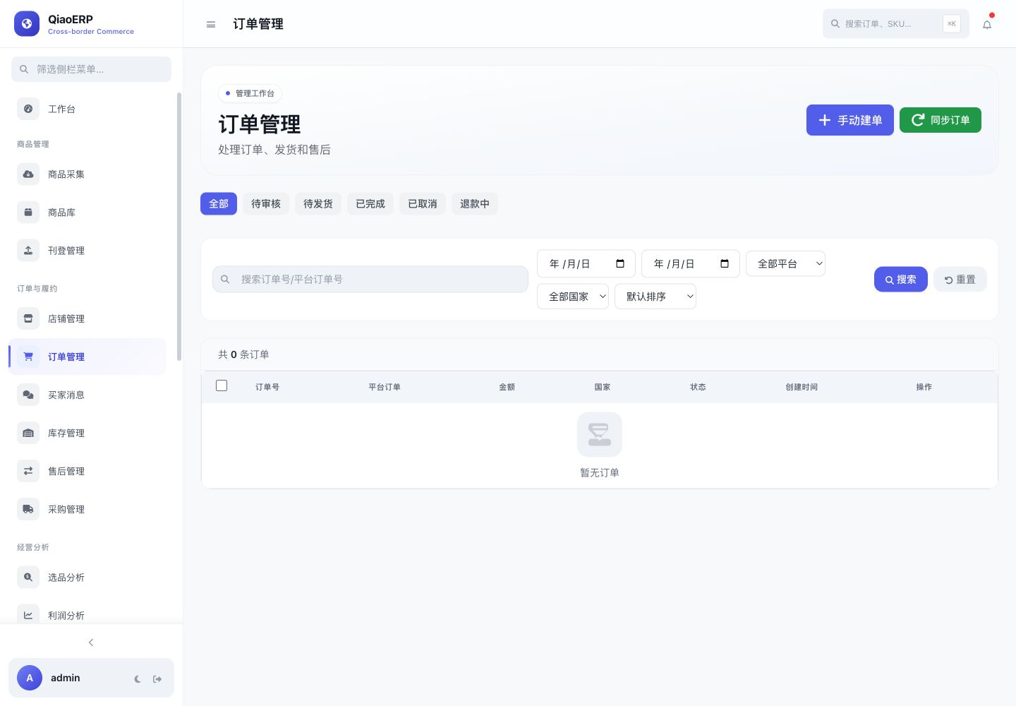 QiaoERP 跨平台订单管理页面，包含订单状态、日期、平台和国家筛选